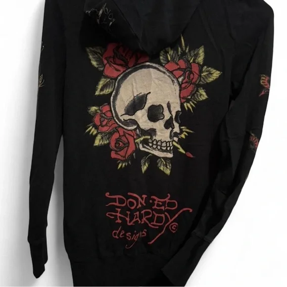 Ed Hardy “Dedicated” Skull & Roses Black zip up Hoodie with details Size: small - Picture 1 of 7
